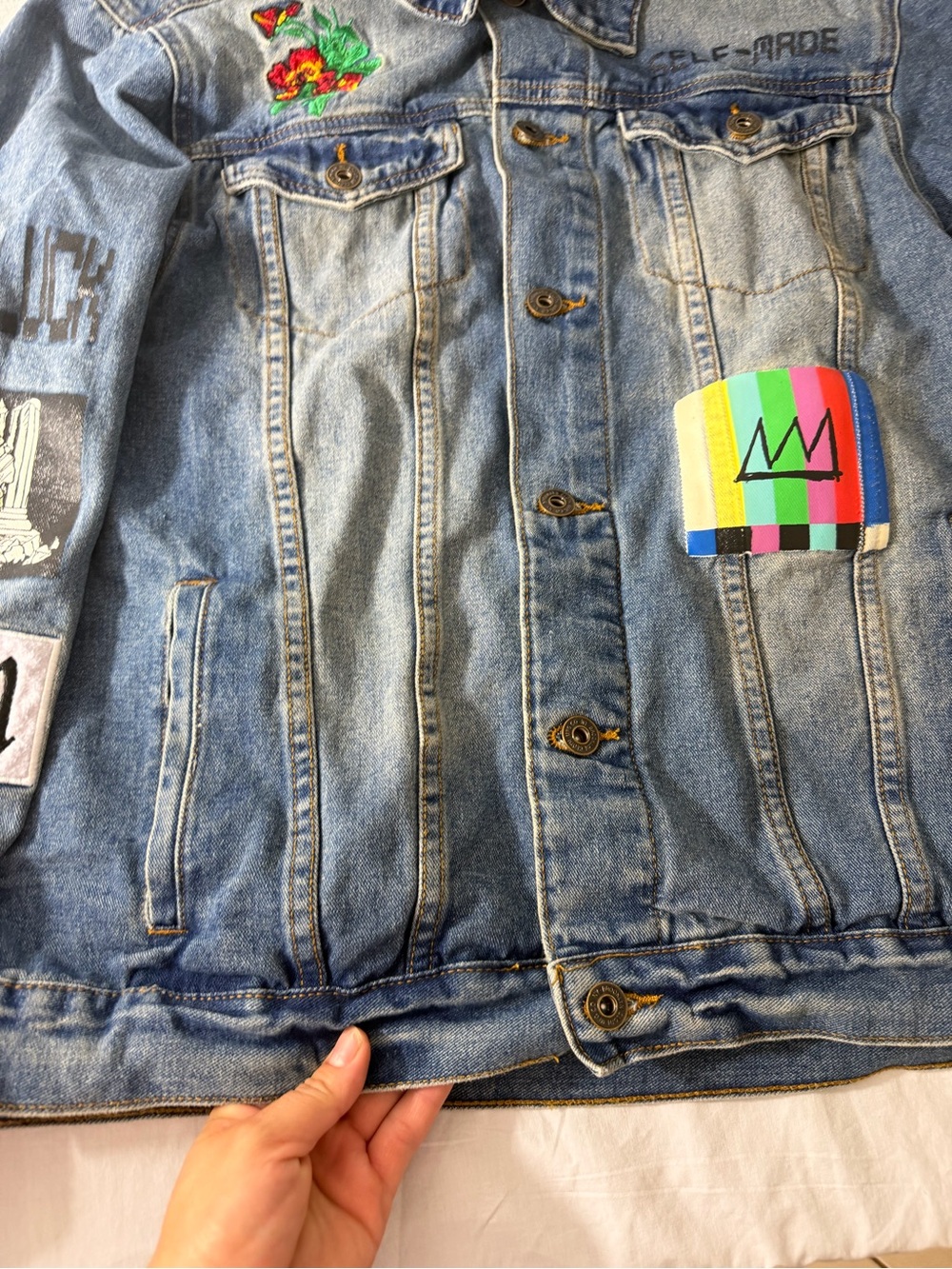 Brooklyn Cloth Light Blue Denim Jacket with Multicolor Patch Accents - Picture 2 of 10